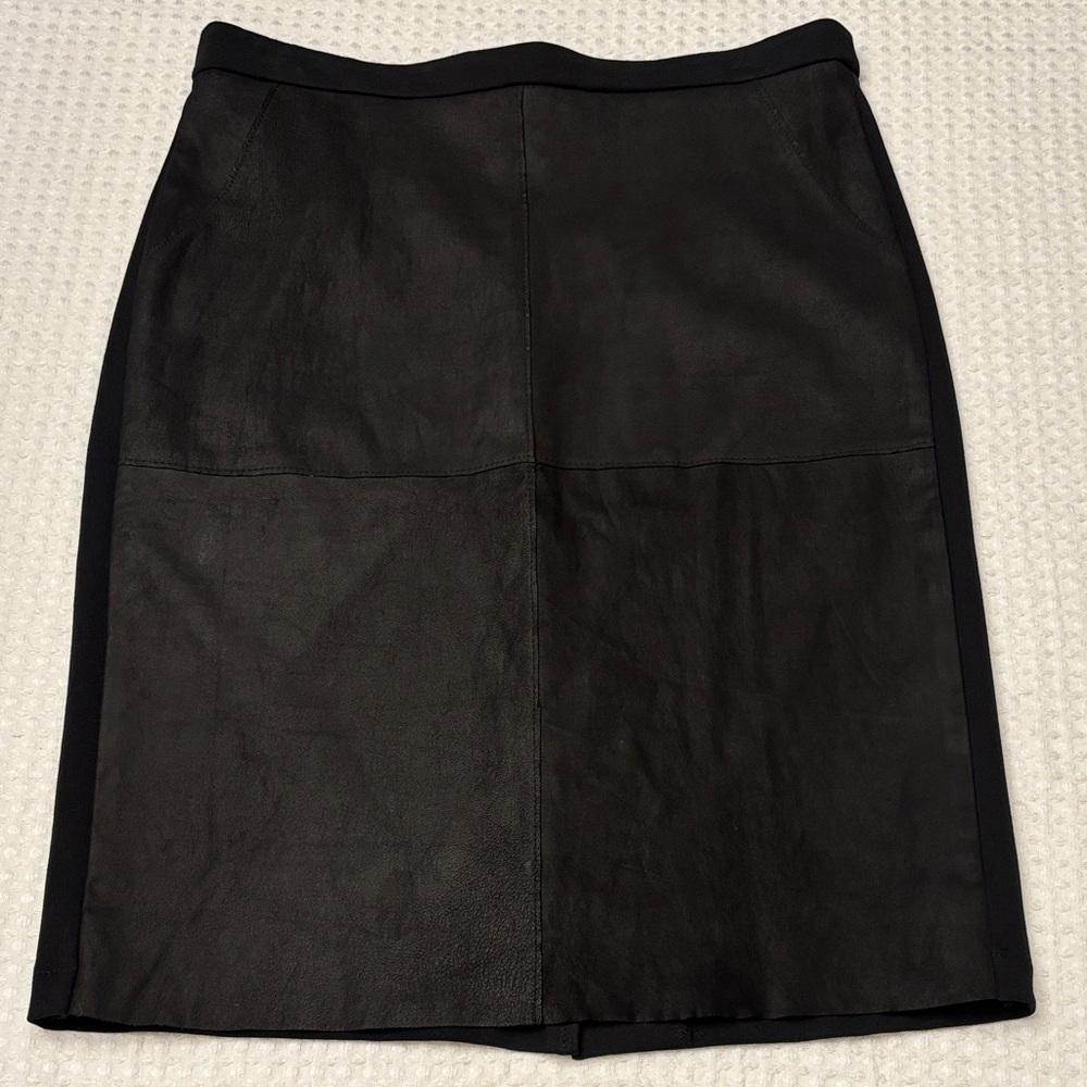 Heather Size Medium Black Faux Suede Leather Pieced Stretch Pencil Skirt